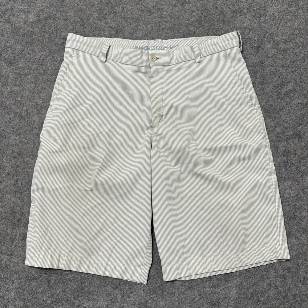 Nike Golf Shorts Mens 34 White Grey Striped Dri-Fit Flat Front 400775-100